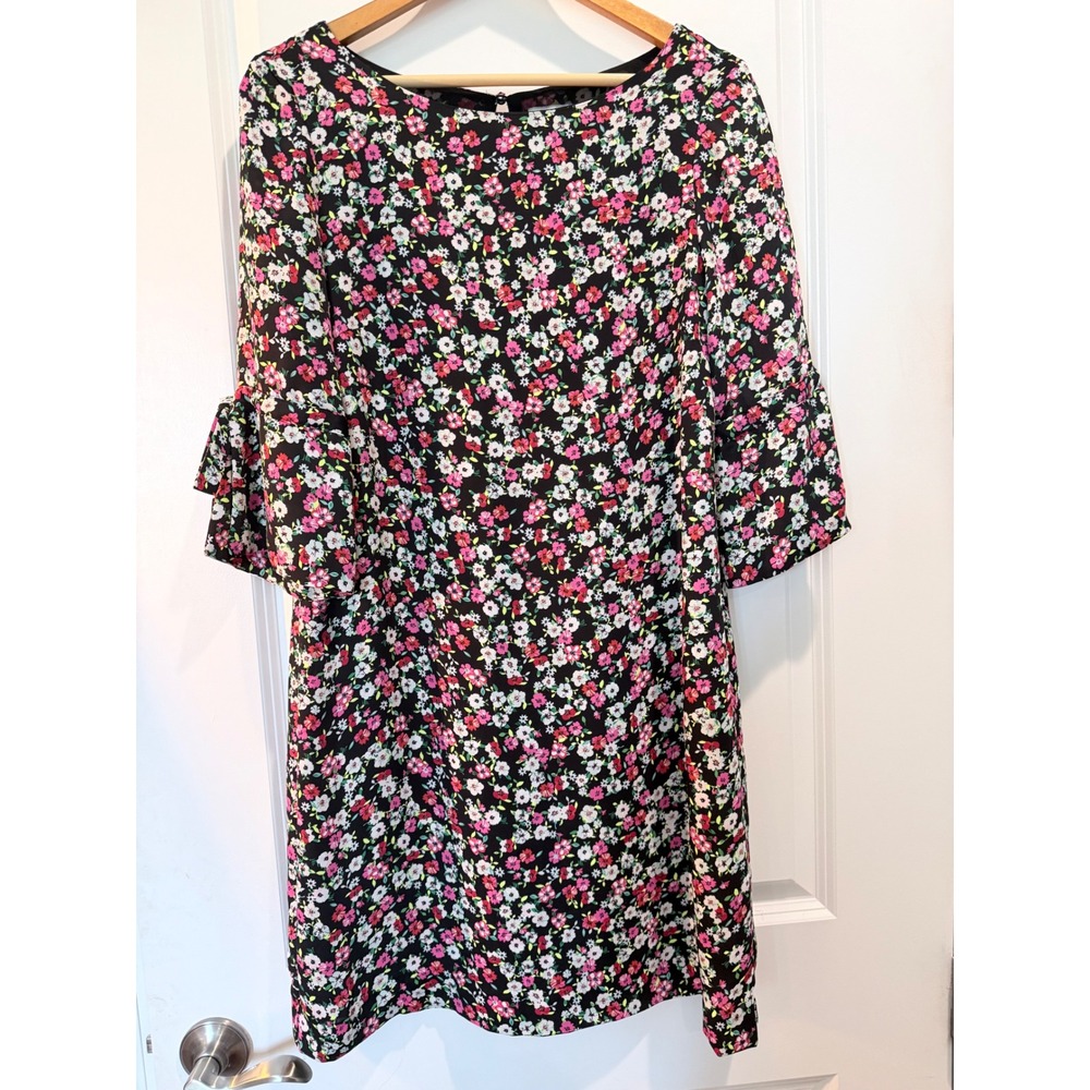 H&M Floral Bell Sleeve Shift Dress Black Pink White Tie Detail Mini Dress
